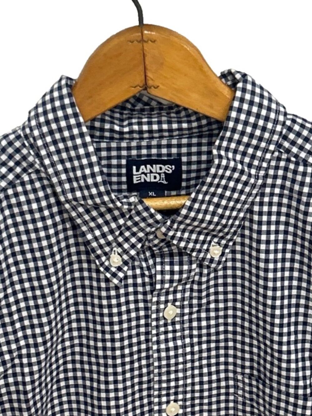 Lands End Mens Button Down Shirt Navy Blue White Gingham Check Long Sleeve XL